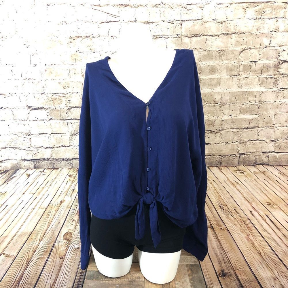 NWOT Express blue long sleeve tie front top size S